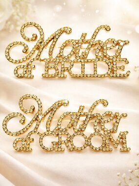 Mother of the Bride and Groom Gold Rhinestone Brooch Pin Set